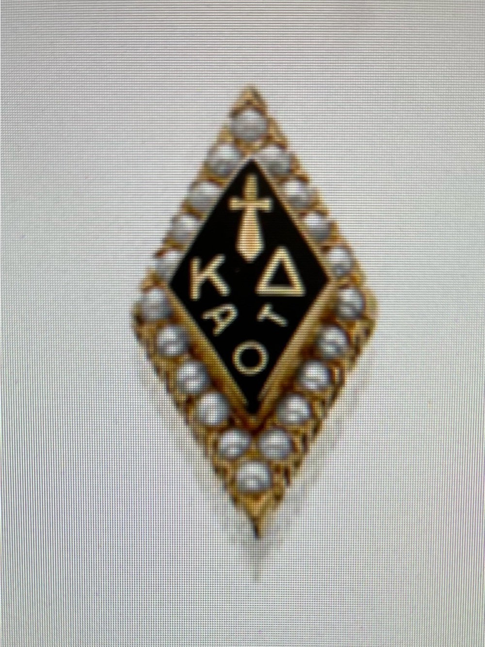 Kappa Delta Gold and Black pin with pearl outline. Come with chapter initials EA